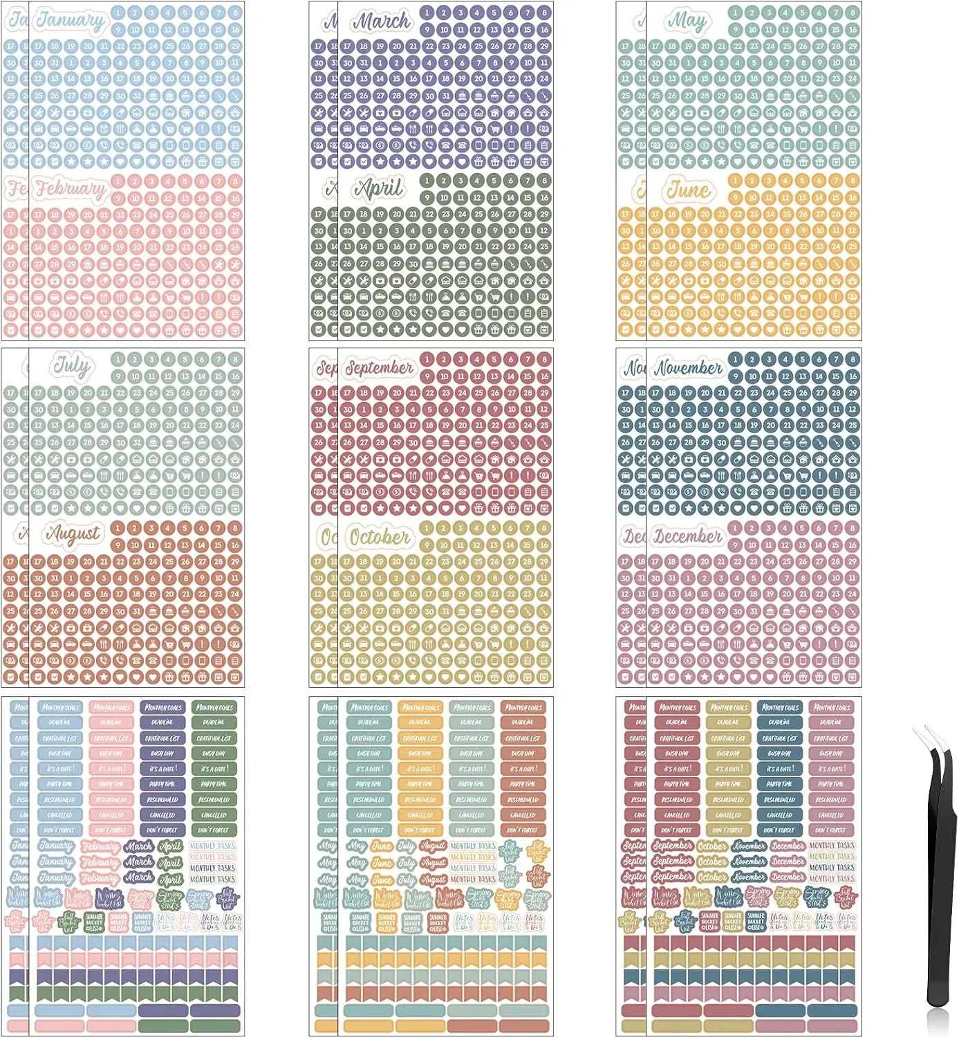 18 Sheets Daily Calendar Stickers Aesthetic Monthly Planner Stickers with Elbow Tweezer Colorful Round Date Stickers for Planners Number Date Dots for Work Daily to Do Budget Family Journal