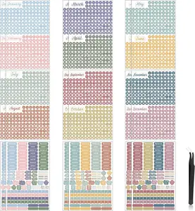 18 Sheets Daily Calendar Stickers Aesthetic Monthly Planner Stickers with Elbow Tweezer Colorful Round Date Stickers for Planners Number Date Dots for Work Daily to Do Budget Family Journal