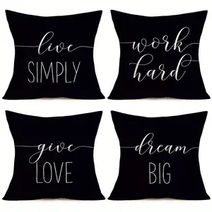 4pcs-Black Throw Pillow Covers, Live Simply Work Hard, Give Love, Dream Big Words Decoration Cushion Cover, Suitable for Home Sofa Chair Decoration Inspirational Words Farmhouse Pillowcase, Single Sided Printing, No Pillow Core