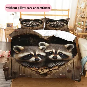 Heart-adorned Raccoon  Printed bedding set, duvet cover and pillowcases, home decor, Christmas decoration, bedroom duvet cover, Christmas gift, birthday gift (1 * duvet cover + 2 * pillowcase