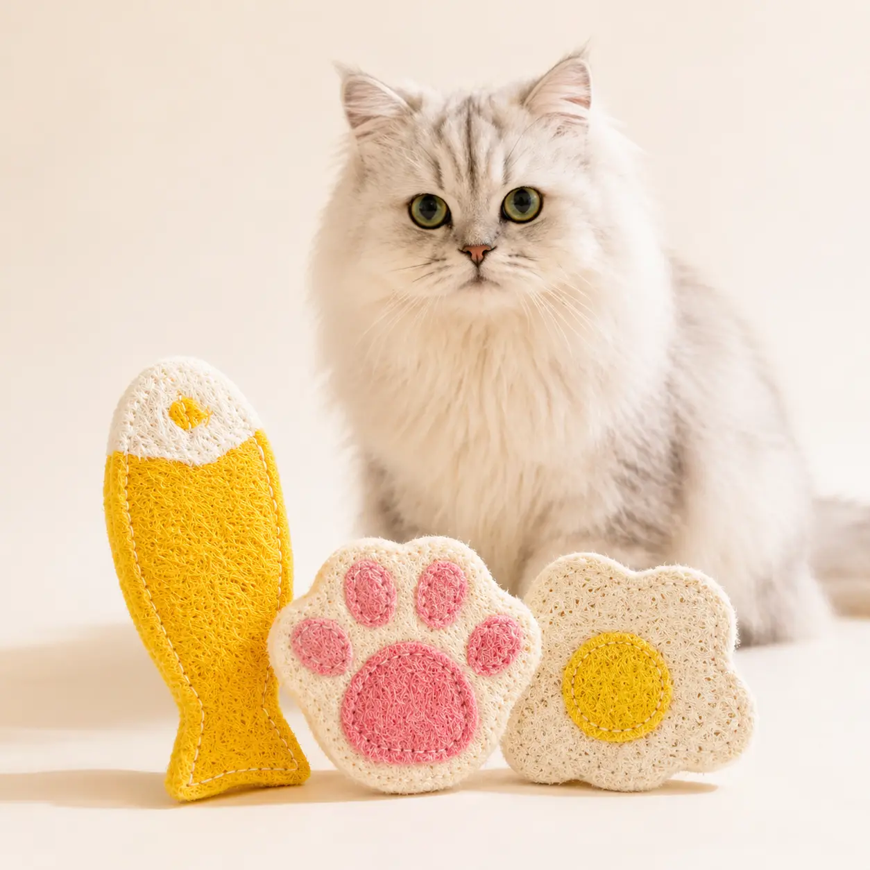 Natural Loofah Cat Chew Toy, Boredom Relief Accessory for Teeth Cleaning in Cats and Kittens, Chews，3 Count