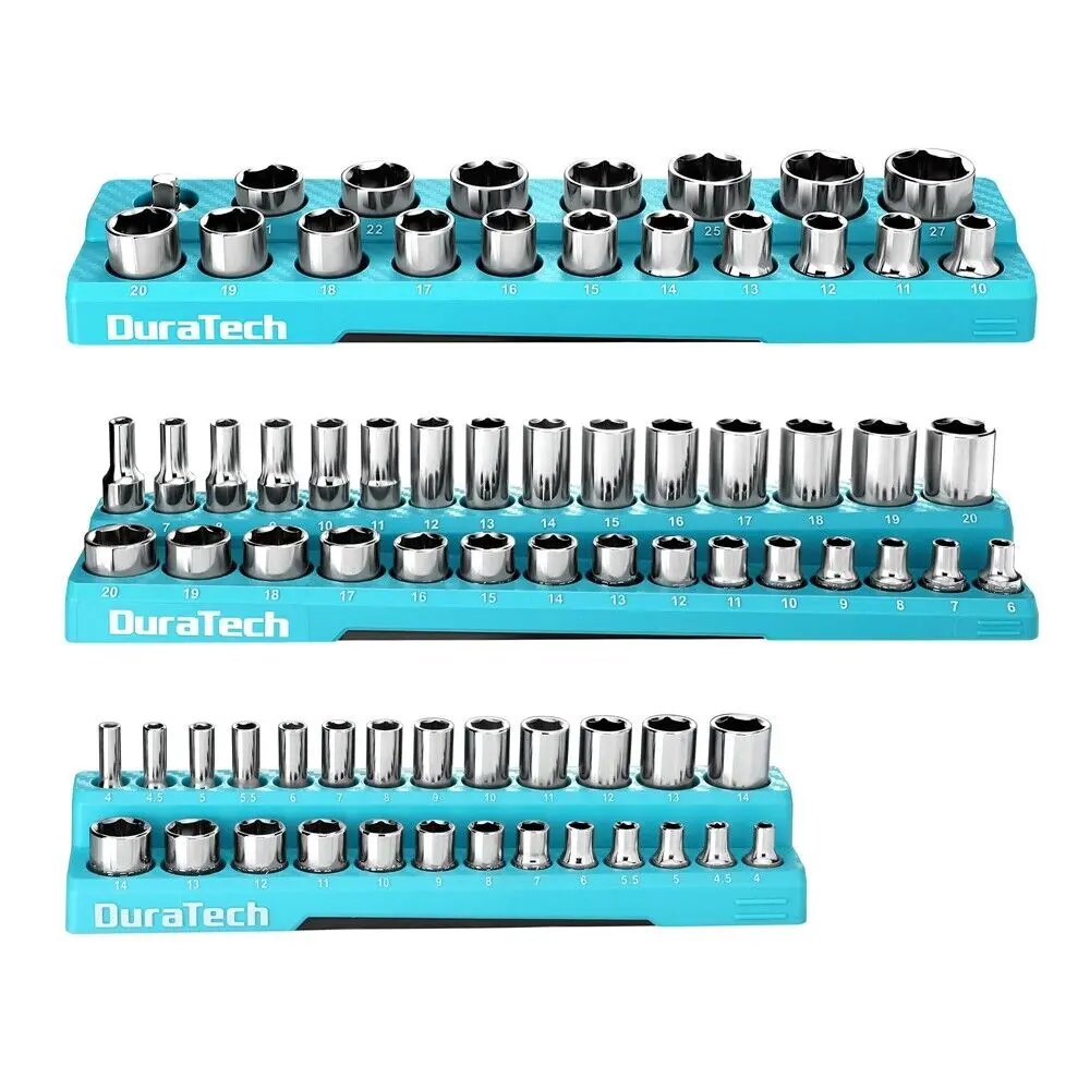 #fathersdaygift DURATECH Magnetic Socket Organizer Set, 1/4", 3/8", 1/2" Drive Metric Socket Holders Socket Trays for Tool Box and Tool Cart, Hold 74 Counts Standard Size Deep Size Sockets (Sockets Not Included)
