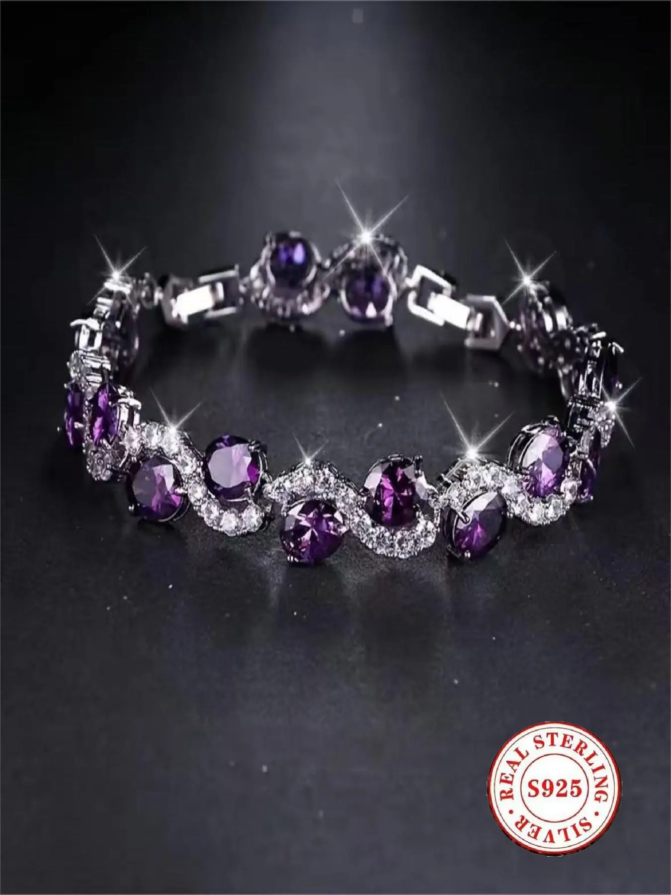 S925 Sterling Silver Amethyst Bracelet for Women, Sparkling Purple Crystal Cubic Zirconia Tennis Bracelet, Elegant Link Exquisite Bracelet Jewelry for Wedding Party Anniversary Birthday Gift for Her