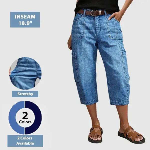 Flamingals Wash Pocket Side Mid Waist Barrel Leg Capri Jeans Womenswear Stretchy 18.9" Inseam