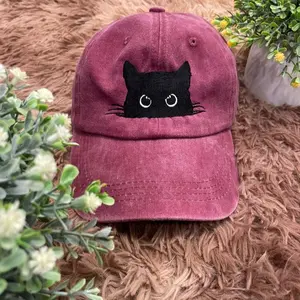 Embroidered Peeking Black Cat Embroidered Baseball Cap, Cat Mom Hat, Adjustable Vintage Dad Hat, Cute Cat Lover Gift