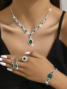 Emerald Green/Red/Blue/Black Crystal Necklace Earrings Bracelet Ring Set, Silver Tone, Teardrop Pendant, Rhinestone Jewelry