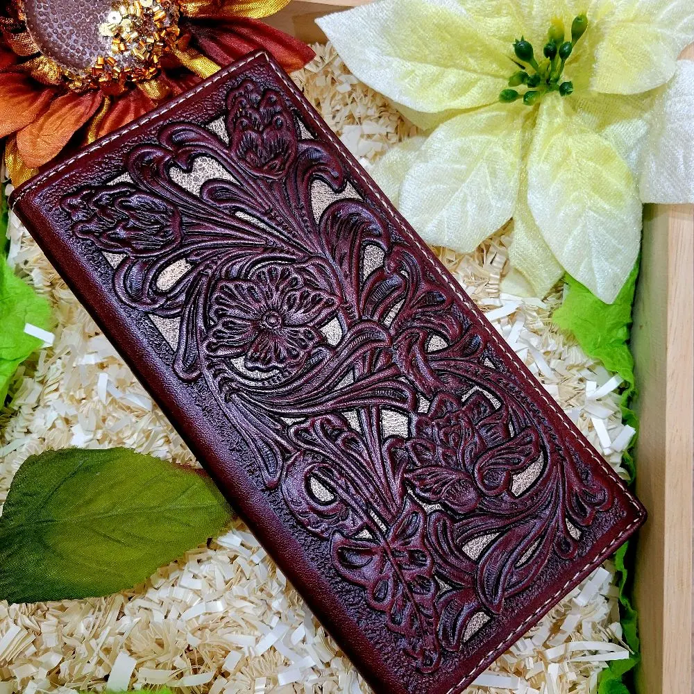 Western wallet Cowboy wallet genuine leather lasercut brown and beige two layered wallet