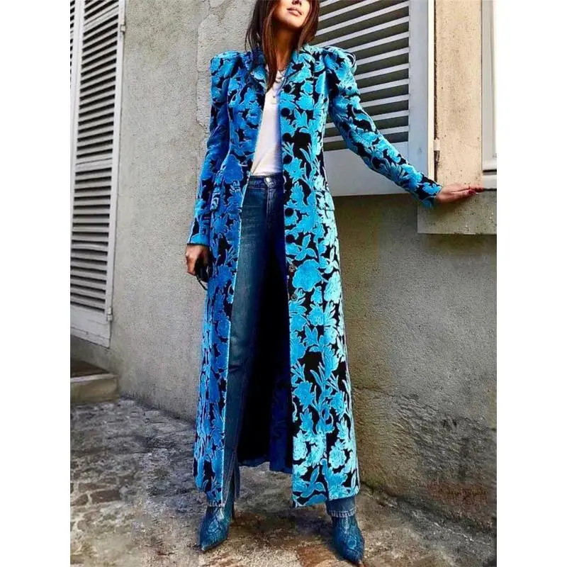 New styleLong Velvet Trench Coat for Floral Lapel Collar Soft High Quality Fall Peaked Lapel Long British Style Elegant Overcoat