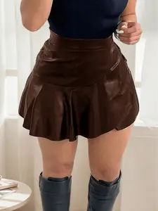 Carnival Style PU Leather A-Line Mini Skirt, Hidden Zipper, Ruffle Hem, Casual Daily Wear, Vacation, Cute Tight Fit Dress