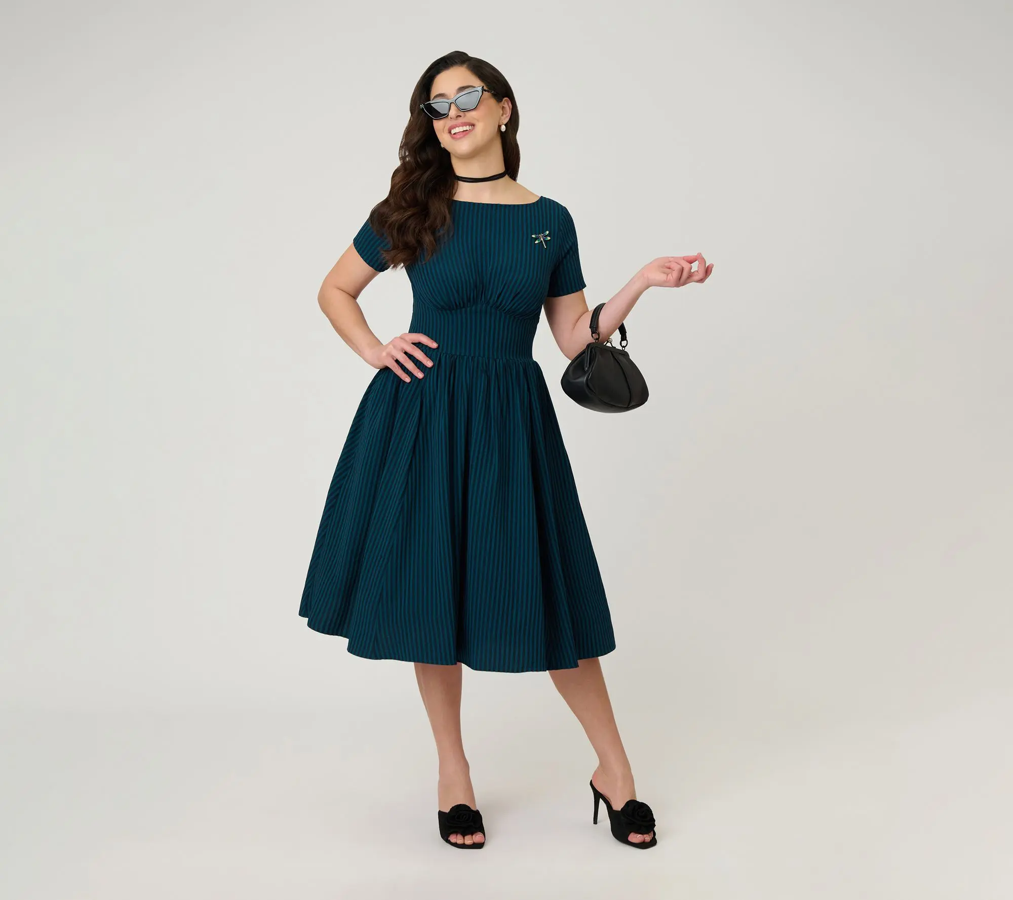 Unique Vintage Teal Stripe Dragonfly Brooch Swing Dress