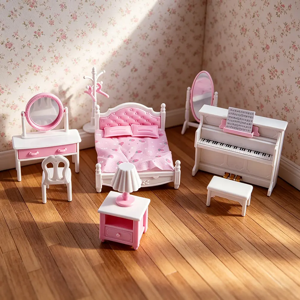 Dollhouse Bedroom Furniture Toy Set - Includes Double Bed, Dressing Table, Piano - Kids' Birthday, Christmas Gift