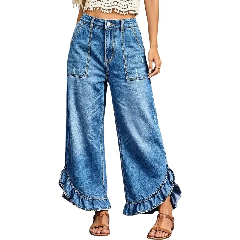 Flamingals Wash Ripped Ruffle Hem High Rise Wide Leg Jeans Stretchy 25.2'' Inseam