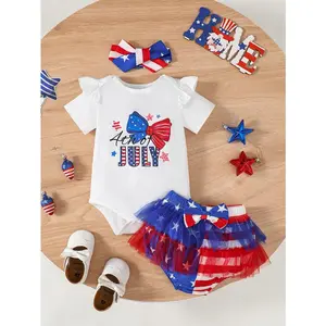 Ready Stock 1-18M Baby Girl Independence Day outfit Set "4th of July" Romper, Flag Tutu Shorts & Bow Headband 22503095