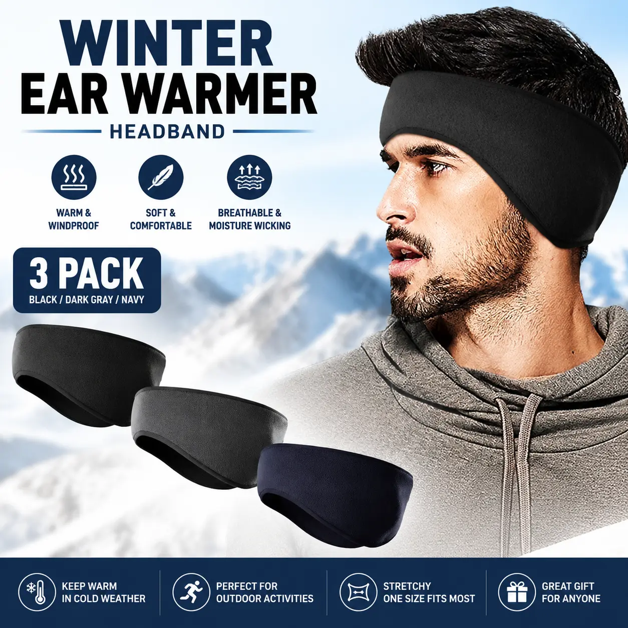 Unisex Adult 3-Pack Universal Synthetic Thermal Fleece Athletic Headbands - Adjustable Sports Headbands, Ear Warmers for Skiing, Running - Car/Gym/Home Sets, From Gym to Commute, Great for Skiing Days, Outdoor Accessory