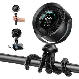 Adjustable Tripod Clip-on Fan, 360° Rotatable Mini Fan with Digital LED Screen, 100 Wind Levels, USB Rechargeable Small Personal Fan for Baby Stroller, Bed, Desk, Travel