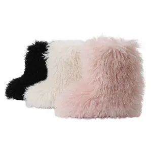 Women's Faux Fur Boot Furry Fluffy Short Snow Boot Mid-Calf Warm Comfortable Outdoor Flat Shoes in Black White & Pink Plain Style