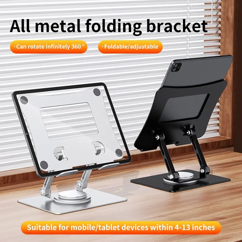 Portable Rotatable Metal Tablet Stand, Heavy Duty Aluminum Tablet Holder, Foldable Adjustable Height Desktop Bracket for 4.7 to 12.9 Inch Devices, 360-Degree Rotation Durable Construction, Lightweight Foldable Design with Strong Damping Design