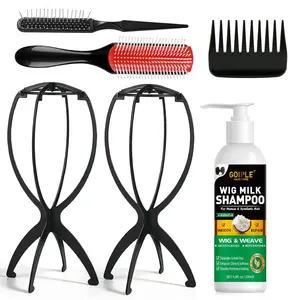 Wig Head Stand with Wig Brush Comb Set Travel Wigs Holder Comb Set for Women Human & Synthetic Hair | 2in 1 Wig Milk Shampoo Hydrates & Moisturizes, Promotes Silkiness & Shine Easy Combing