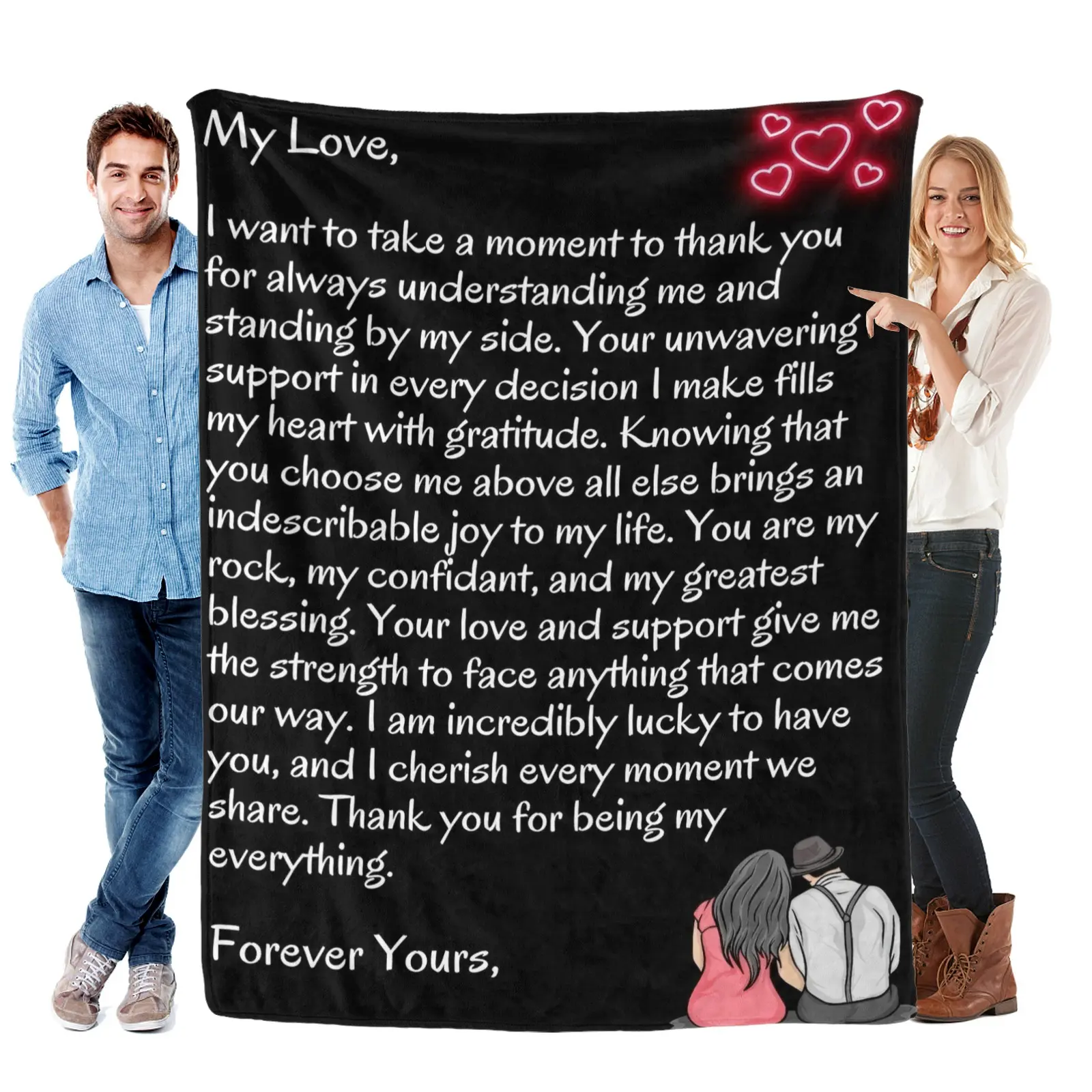 Black 'My Love' Gratitude Message Flannel Blanket Soft Cozy Valentine's Day Gift Throw with Heartfelt Love Note & Couple Silhouette Design Perfect for Gifting to Your Partner Snuggling Warmly or Adding Deep Devoted Charm to Any Space, Flannel Fabric, Hear