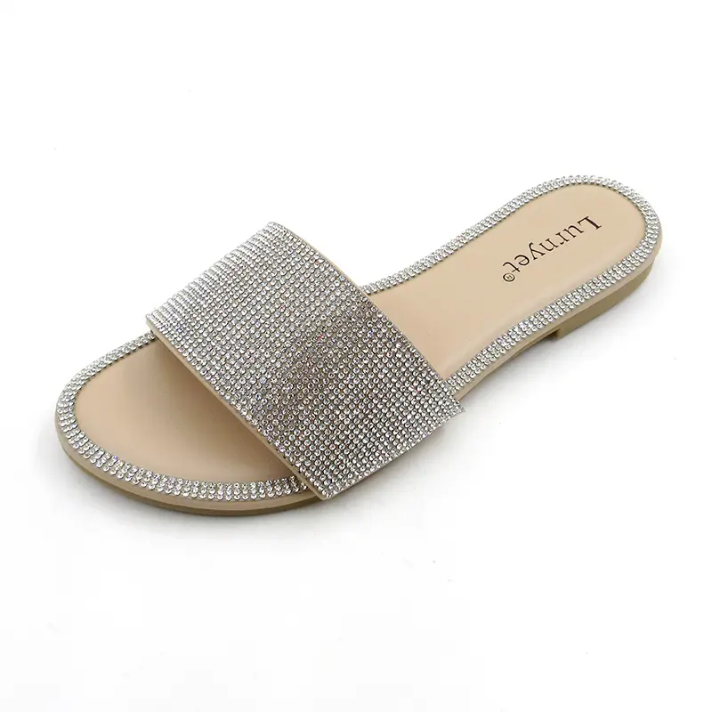 Sparkly Rhinestone Sandals for Women, PU Leather Slides with a Cushioned Flat Heel for Casual and Party Wear, Footwear, Glitter Decorated Sandals, Slip On, Rhinestone Women's Sandals