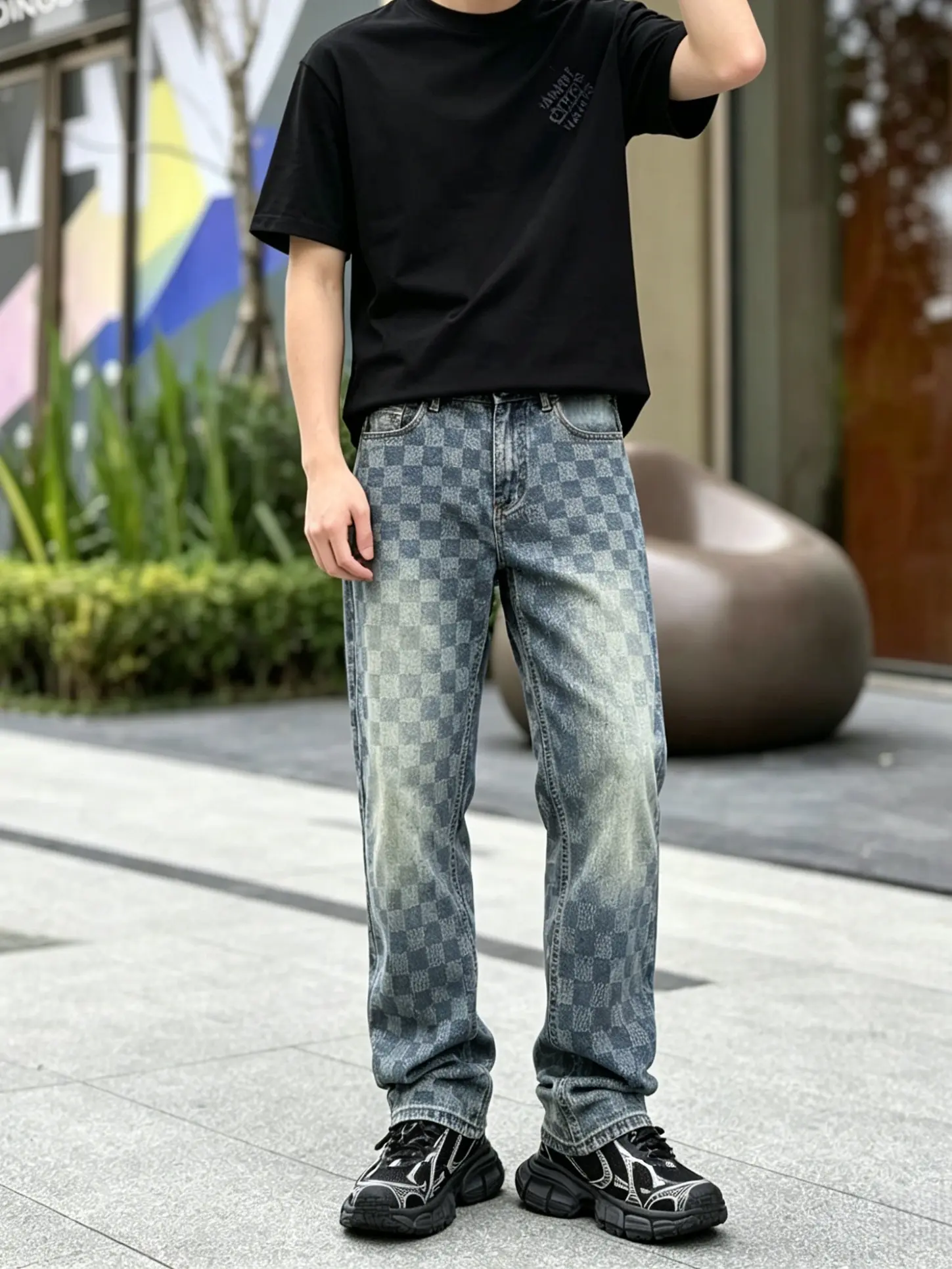 Men's Straight Leg Stretch Jeans, Checkerboard Jacquard Denim Pants, Comfortable Casual Relaxed Fit Flexible Jeans for Men