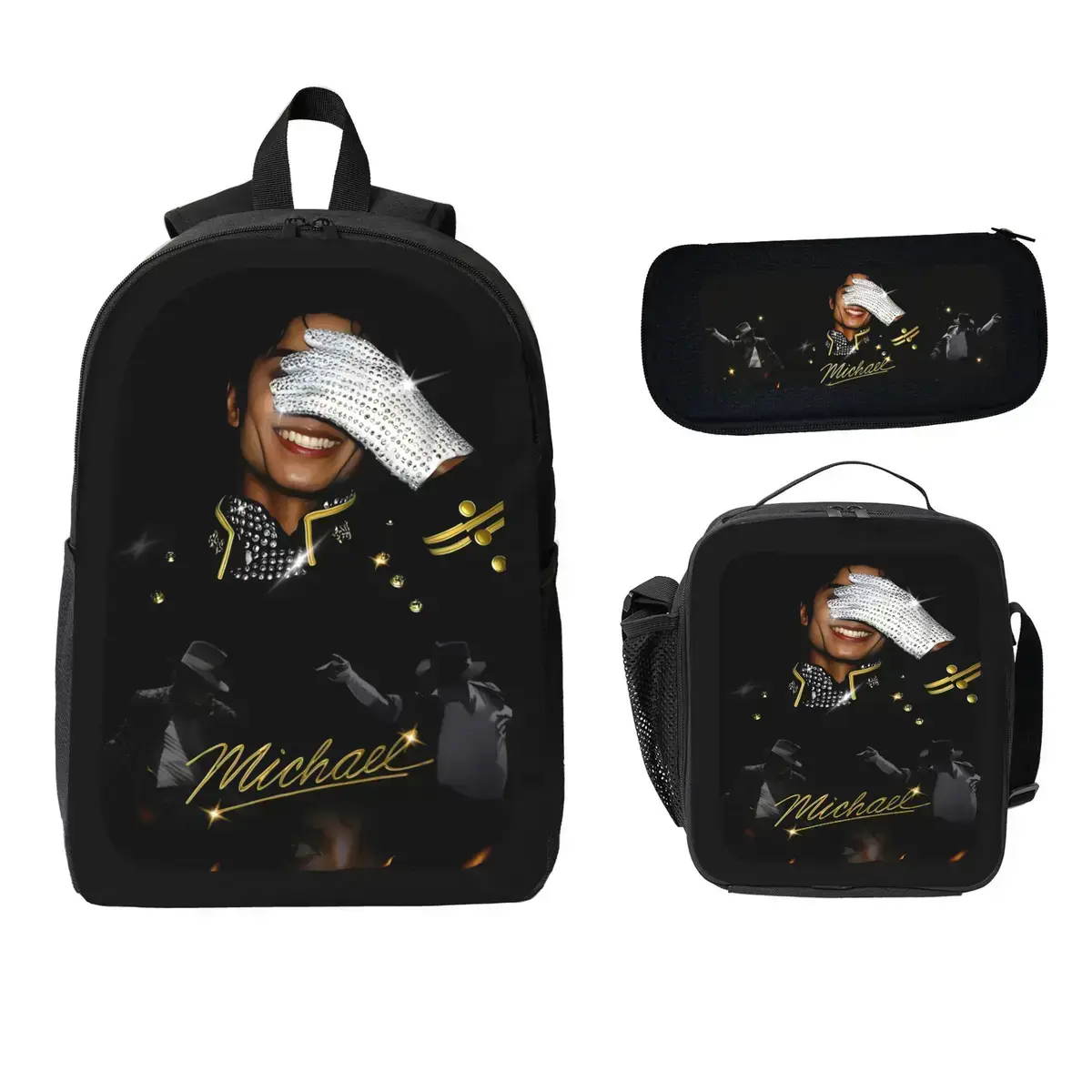 Michael Jackson 3 Piece Kids Backpack Set with Lunch Bag Pencil Case Pop Music Theme School Bookbag Lightweight Travel Daypack Back to School Supplies Ideal Gift for Boys Girls Elementary School Students
