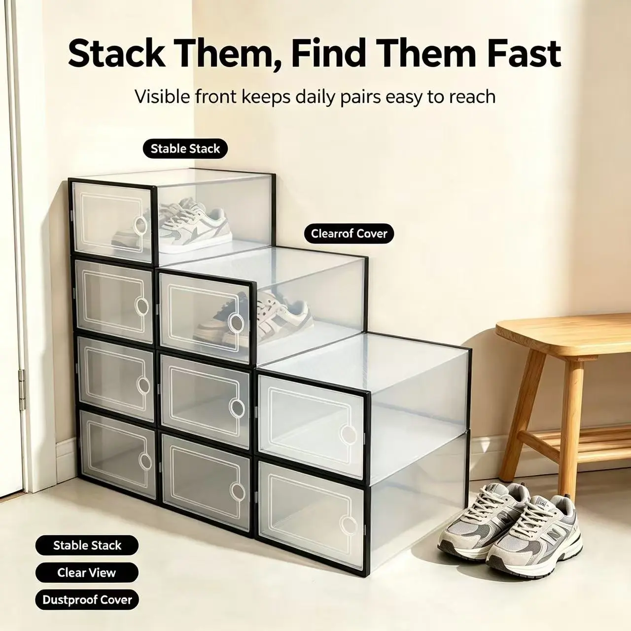 Clear Stackable Shoe Storage Boxes, Dustproof Sneaker Display Case, Stackable Shoe Container for Closet Bedroom, Black White Shoe Storage Box, 6/12/24 Pack Foldable Shoe Organizer Fit Sneakers, Casual Footwear, Household Shoe Storage