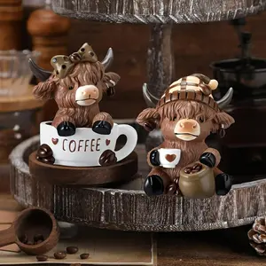 Scottish Highland Cow Resin Statue with Plaid Hat, Coffee Cup Sitting Highland Cow Collectible Figurine, Eco-Friendly Durable Gift, Decorative Figurines, Animal Decorations, Figure Decor, Collectible Home Decor, Decoration Items