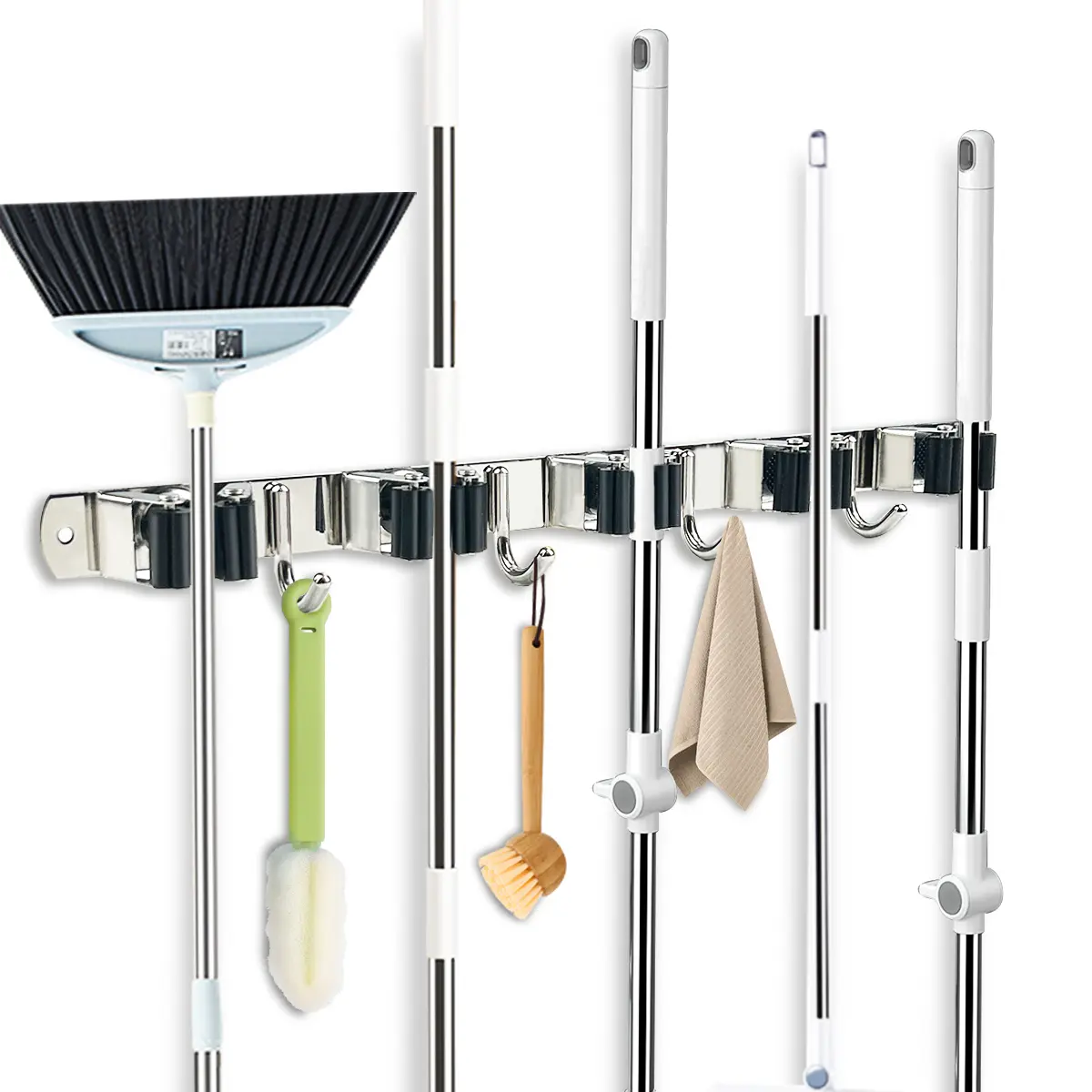 Stainless Steel Wall-Mount Mop and Broom Holder, Sturdy 5-Rack 4-Hook Heavy-Duty Organizer with Self-Adhesive Non-Slip Design for Home Tools and Cleaning Use, Compatible Coat Rack