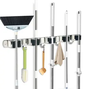 5 Racks and 4 Hooks Mop and Broom Holder Wall Mount, Broom Organizer Storage Tool Racks Stainless Steel Heavy Duty Hooks Self Adhesive Solid Non-slip for Home Kitchen Garden Laundry