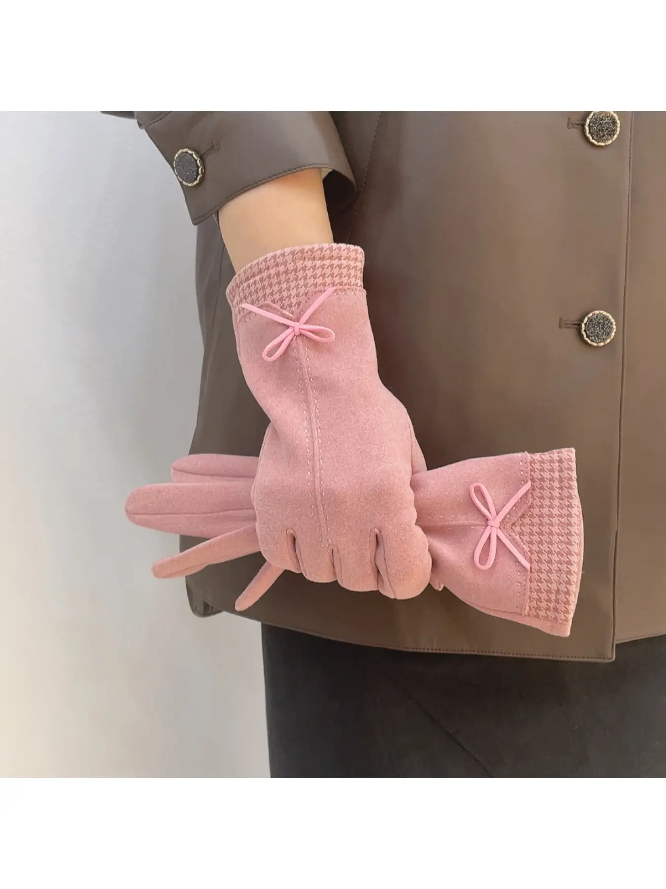 High-sensitivity houndstooth bow design fur velvet lined women's gloves, winter warmth, touchscreen compatible
