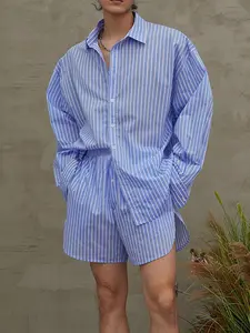 Mens Fashion Striped Lounge Sets Long Sleeve Lapel Button Up Shirts Loose Shorts Commuter Suits, Longsleeves Formal Wear, Casual Striped