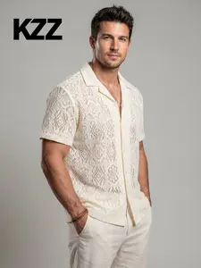KZZ Men's Fitted Short Sleeve Lace-Up Shirt Summer Casual Plain Medium Length Top for Menswear Tropical Wetsuit