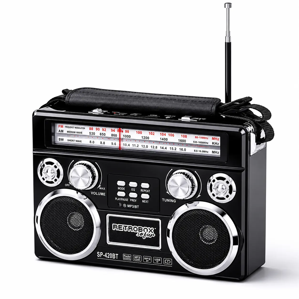 Vintage Bluetooth Portable Wireless Speaker with Aesthetic Retro Design, 3-Band AM/FM/SW Radio, Built-In Flashlight, Rechargeable Classical Boombox, Premium Leather Handle, Telescoping Antenna, USB & Card Audio Support, Cordless