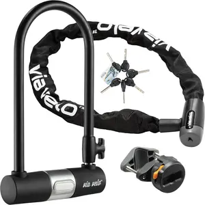 Via Velo Bike Lock 2 Sets U Lock Sold Secure Silver 15mm Shackle, 9x4.5in and Bike Chain Lock, 8mm Chain, 2.96ft Length, Same Key System 6 Keyed Alike Keys, for All Bikes, Electric Bikes