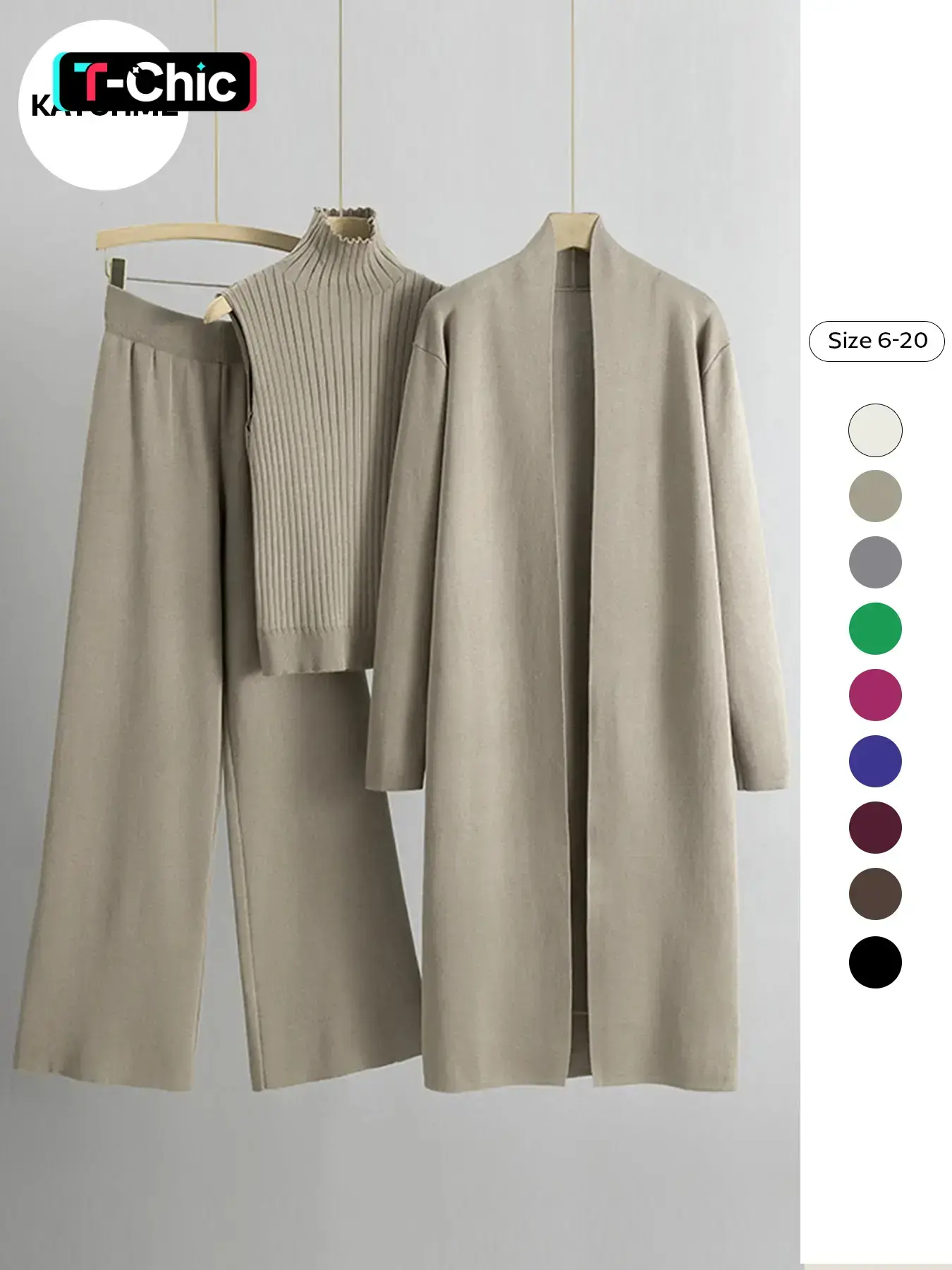 Trendy Knit Soft Turtle Neck Tank Top & Wide Leg Trousers with Open-front Long Cardigan Three-piece Loose Minimalist Basic Clothes Sets, Fashion Style Sets, Casual Womenswear, Long Sleeve