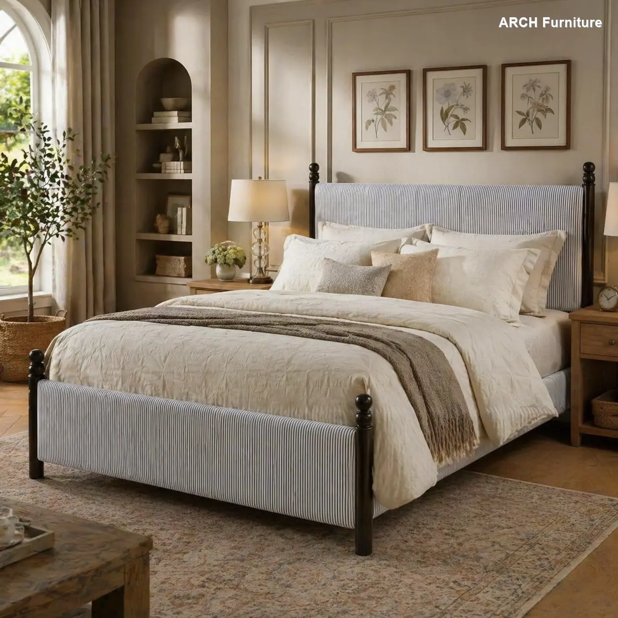 Vintage King Size Bed Frame - 48-in Striped Rubberwood Upholstered Design with Soft Padding, Solid Wood Construction, Bed With Headboard, Sturdy Platform Bed
