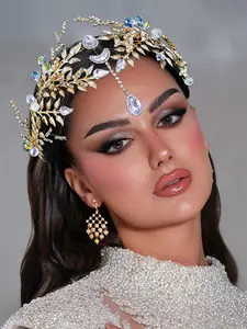 Elegant Alloy Leaf Hair Clip with Sparkling Rhinestone Pendant, Wedding Party Festival Headpiece, Rapunzel Crown, Jasmine Princess Crown, All Seasons Accessory