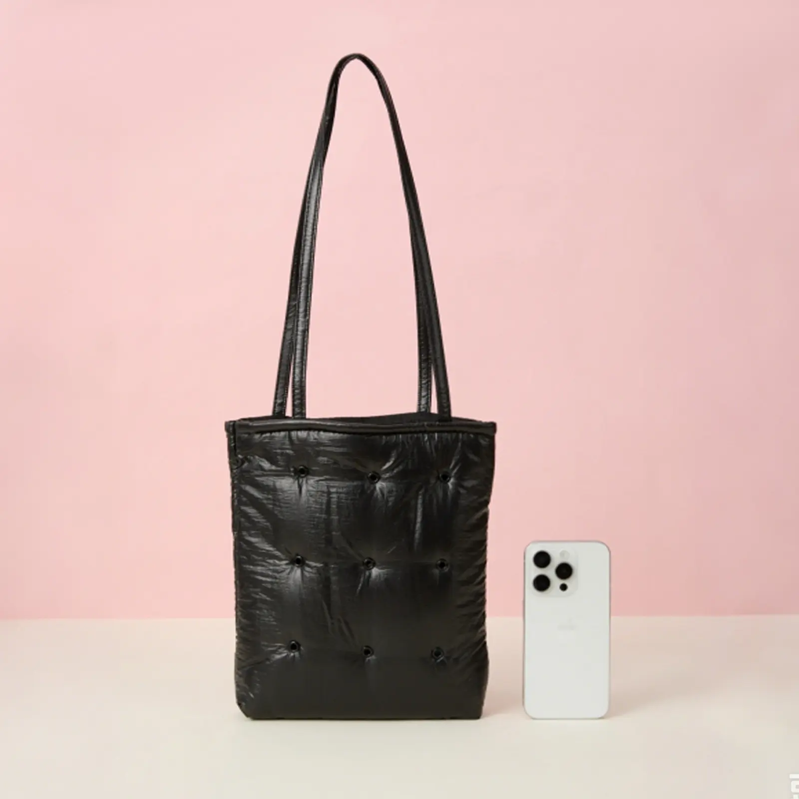 MINISO sparkling silver mini tote daily bag with perforations, softly padded perforated small handbag, lightweight shoulder bag—perfect for women’s everyday street style and Y2K fashion outing travel