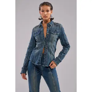 GLAMOUR STUDDED BUTTON DOWN DENIM TOP