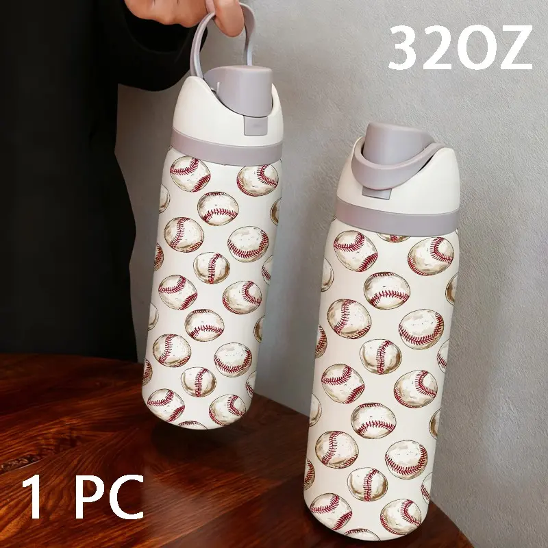 Loyr 32oz Vacuum Insulated Drink Tumbler, Water Bottles, Baseball Pattern, Stainless Steel, with Straw, Perfect Gift, Ideal for Outdoor, Home, Daily Commute