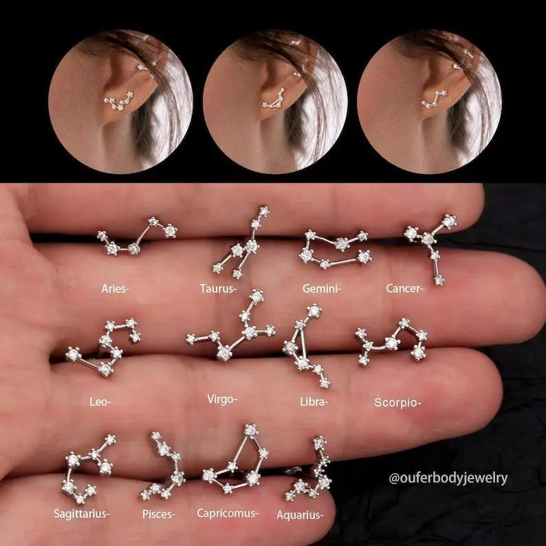 OUFER 16G 316L Stainless Steel Constellation Stud Earring Stack - Unisex Zodiac Jewelry, Non-Tarnish, Fit for Helix/Cartilage/Lobe, Men's Accessories, Women's Accessories, Stylish Celestial Daily Wear (Aries to Aquarius), Accessories For Women