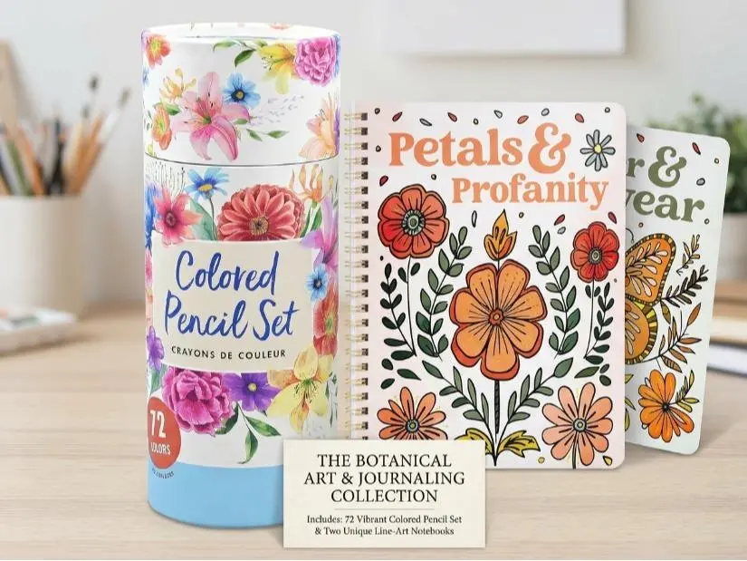 Adult Relaxation Coloring Bundle – Beautiful Floral & Funny Coloring Books Set of 2 + 72-Color Studio Pencil Set