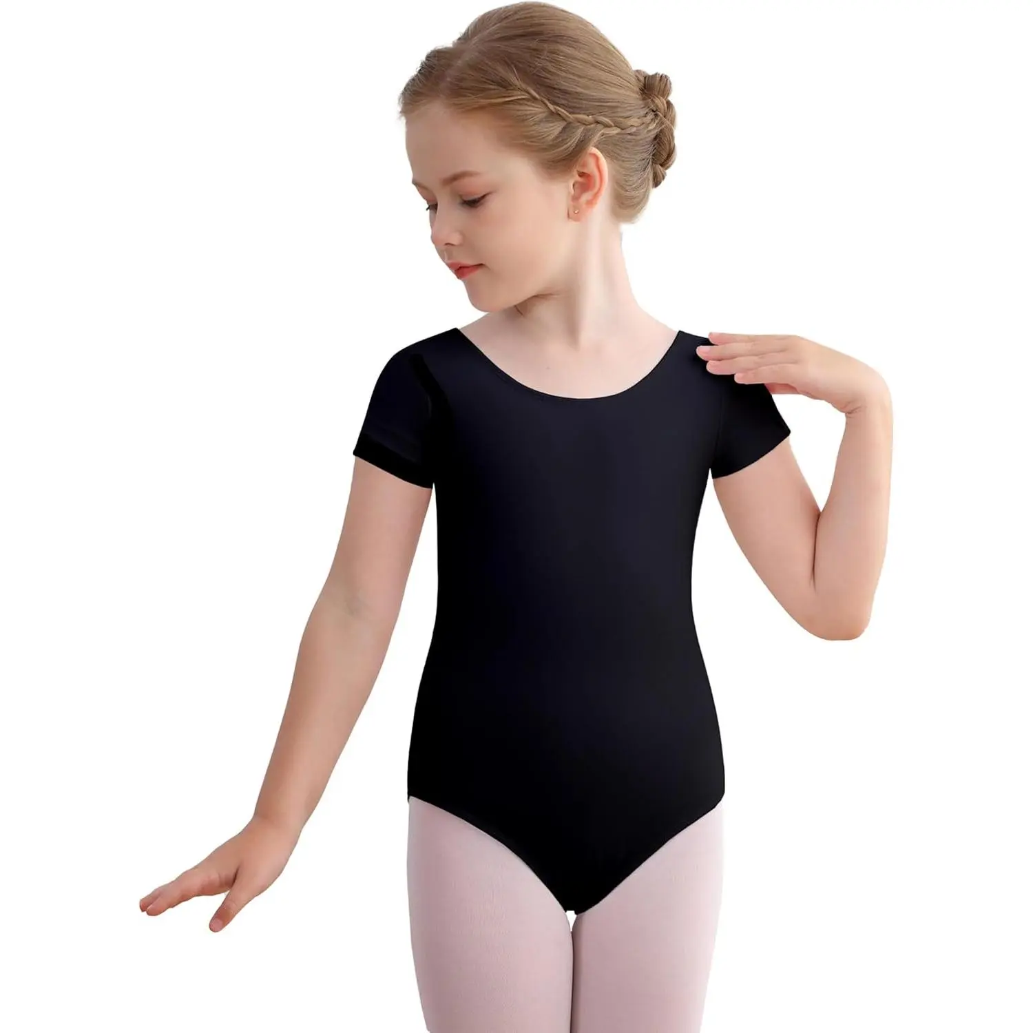 Girls' Breathable Cotton Short-Sleeve Scoop Neck Leotard - 8% Spandex Bodysuit for Yoga, Training (2-3T, 12-14 Years)
