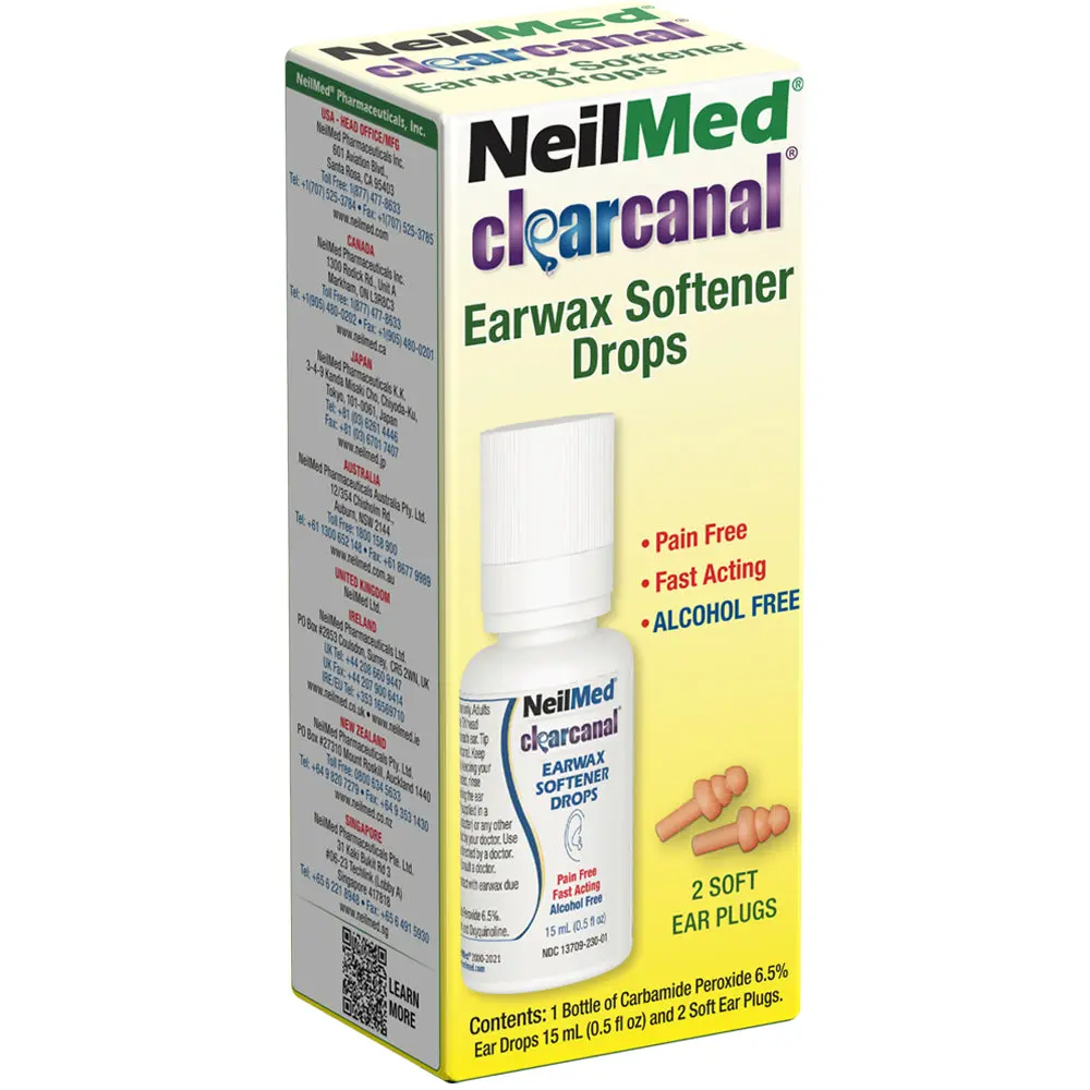 NeilMed ClearCanal Earwax Softener Drops - Pain-Free, Alcohol-Free & Fast Acting Ear Care with Soft Ear Plugs, 15mL Bottle