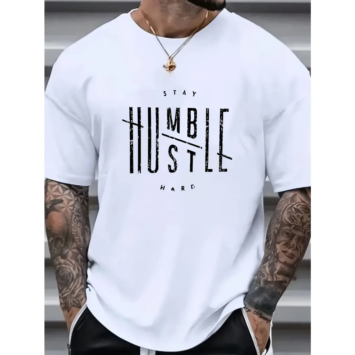 Men's Classic Crew Neck T-shirt, Casual Shortsleeve Unisex Top with "Stay Humble Hustle Hard" Slogan Print, Tshirt, Round Neck, Graphic Print, Men's T Shirts, Premium Drape Moves With Your Body, All Seasons, Cotton, Fitted, 3Xl, Customized, Menswear