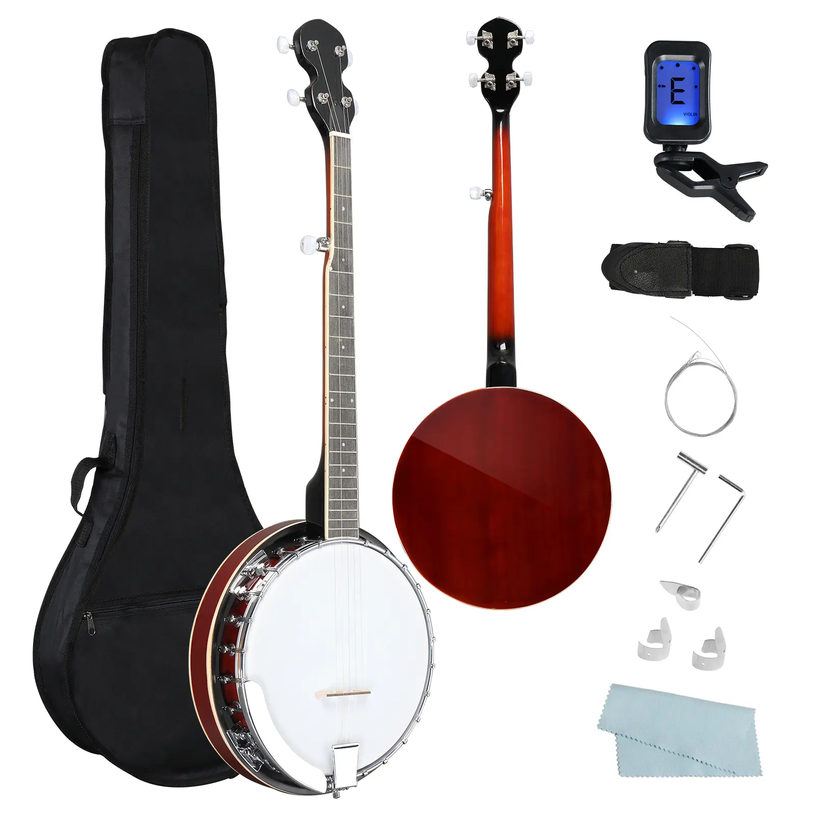 Right-Handed Full Size 5-String Banjo Set - Closed Solid Sapele Back, Premium Mahogany Neck, Fretboard Design, Essential Items Accessories Kit, for Music Learning, Guitar Learning Tools