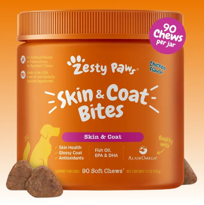 Zesty Paws Skin & Coat Bites for Dogs Soft Chew Treats with Omega 3 Fish Oil EPA & DHA for Skin Coat Health Vitamin Supplement