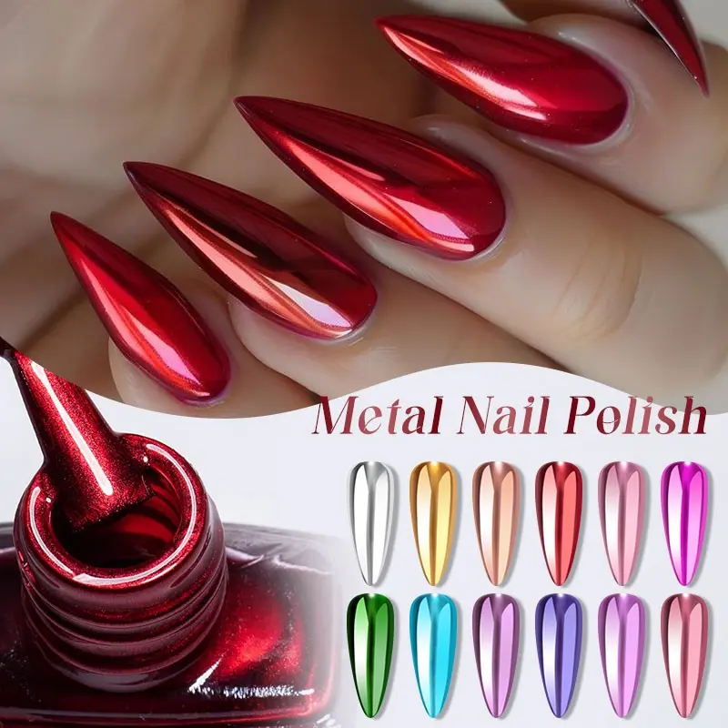 MTSSII 7.5ml Mirror Effect Metallic Iridescent Chrome Nail Polish, Metallics, 12 Colors No Bake Required Shining Chrome Nail Polish Natural Quick Dry Formula, Chrome Finish, Salon-Style Nail Art DIY, Alcohol-Free, Finger Nail Polishes, Nail Art Design