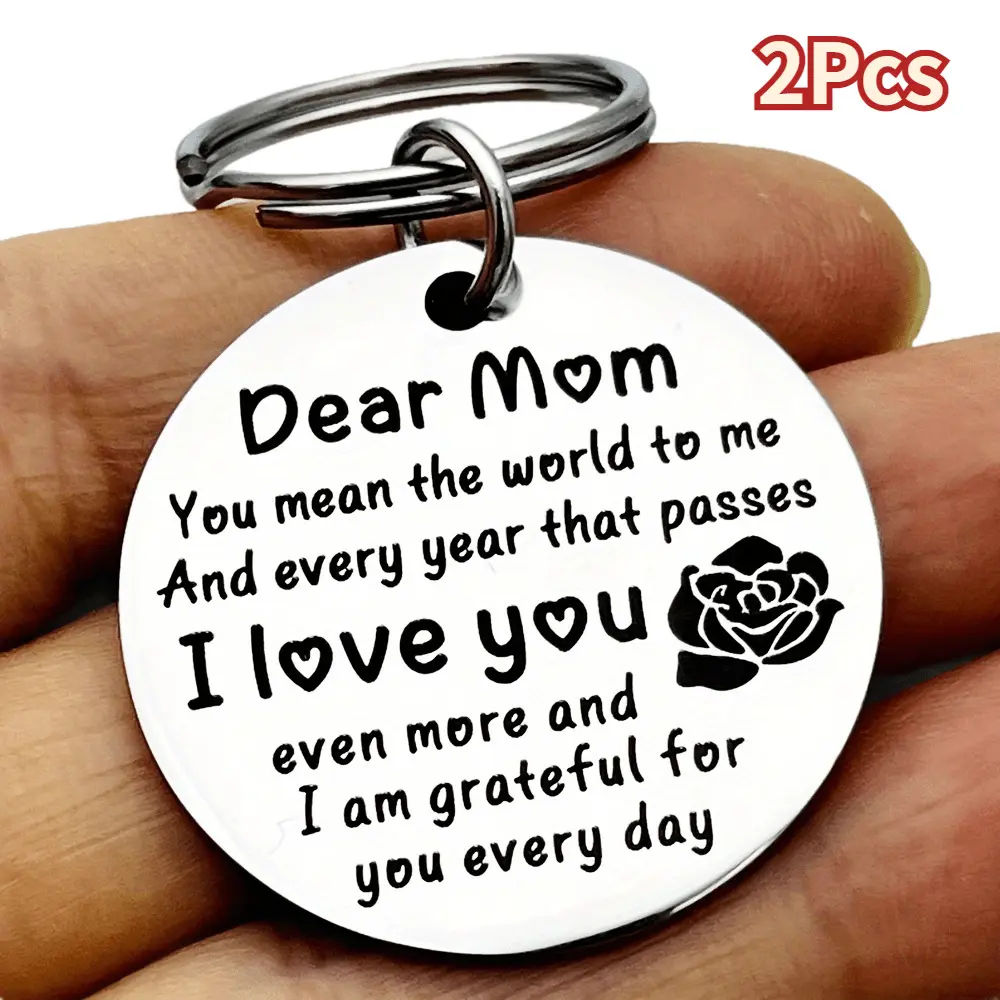 Mom's 2-Piece Stainless Steel Matching Keychain Set - Engraved Circular Keyrings with 'Dear Mom I Love You' & Rose, Durable Gift Sets for Everyday Anniversary Gifting, Keychain Series, Mini Gift Sets